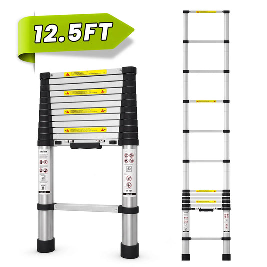 12.5 FT Telescoping Ladder – Compact Aluminum Extension Ladder with One-Touch Retractable Design, Non-Slip Feet & 330 LB Capacity