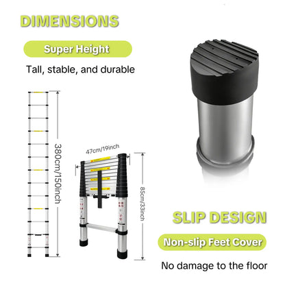 12.5 FT Telescoping Ladder – Compact Aluminum Extension Ladder with One-Touch Retractable Design, Non-Slip Feet & 330 LB Capacity