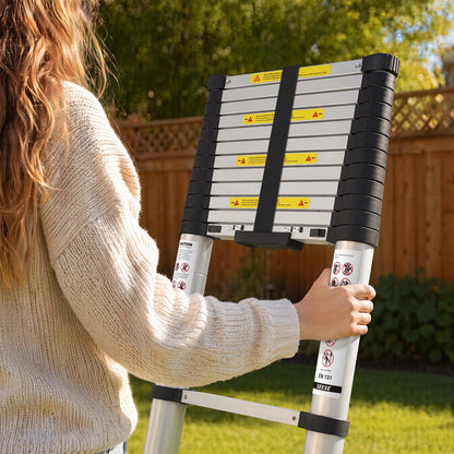 12.5 FT Telescoping Ladder – Compact Aluminum Extension Ladder with One-Touch Retractable Design, Non-Slip Feet & 330 LB Capacity